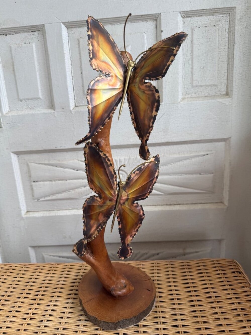 Vintage 70s Copper Brutalist Butterflies on Cypress Wood Sculpture Retro Boho